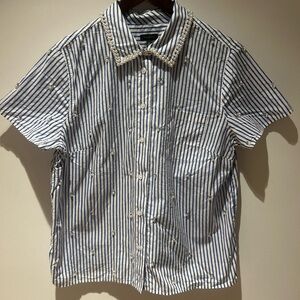 Talbots Blue & White Stripe Pearl Embellished Button-Down Shirt – Size M